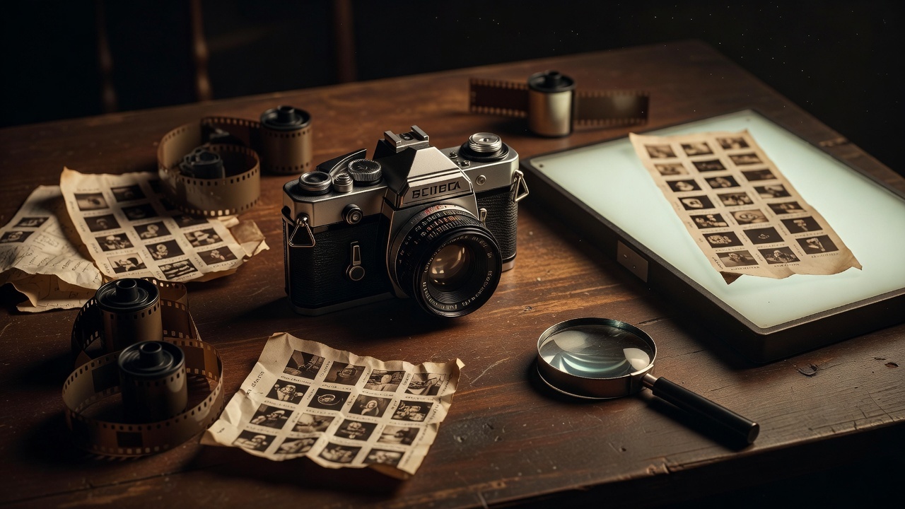 Analog film camera with rolls of film and contact sheets