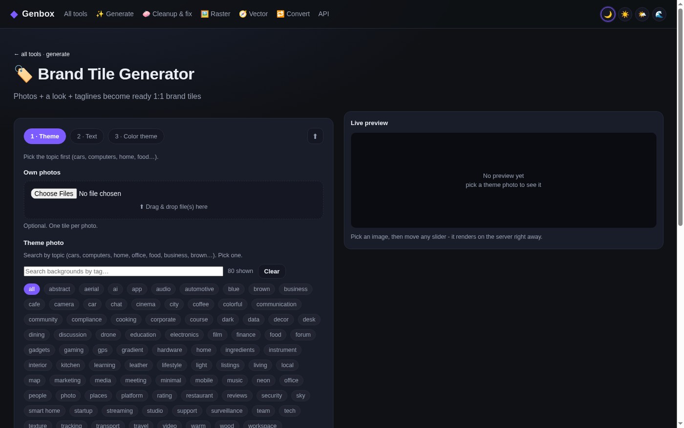 The Brand Tile Generator: pick a theme on the left, the tile builds itself on the right